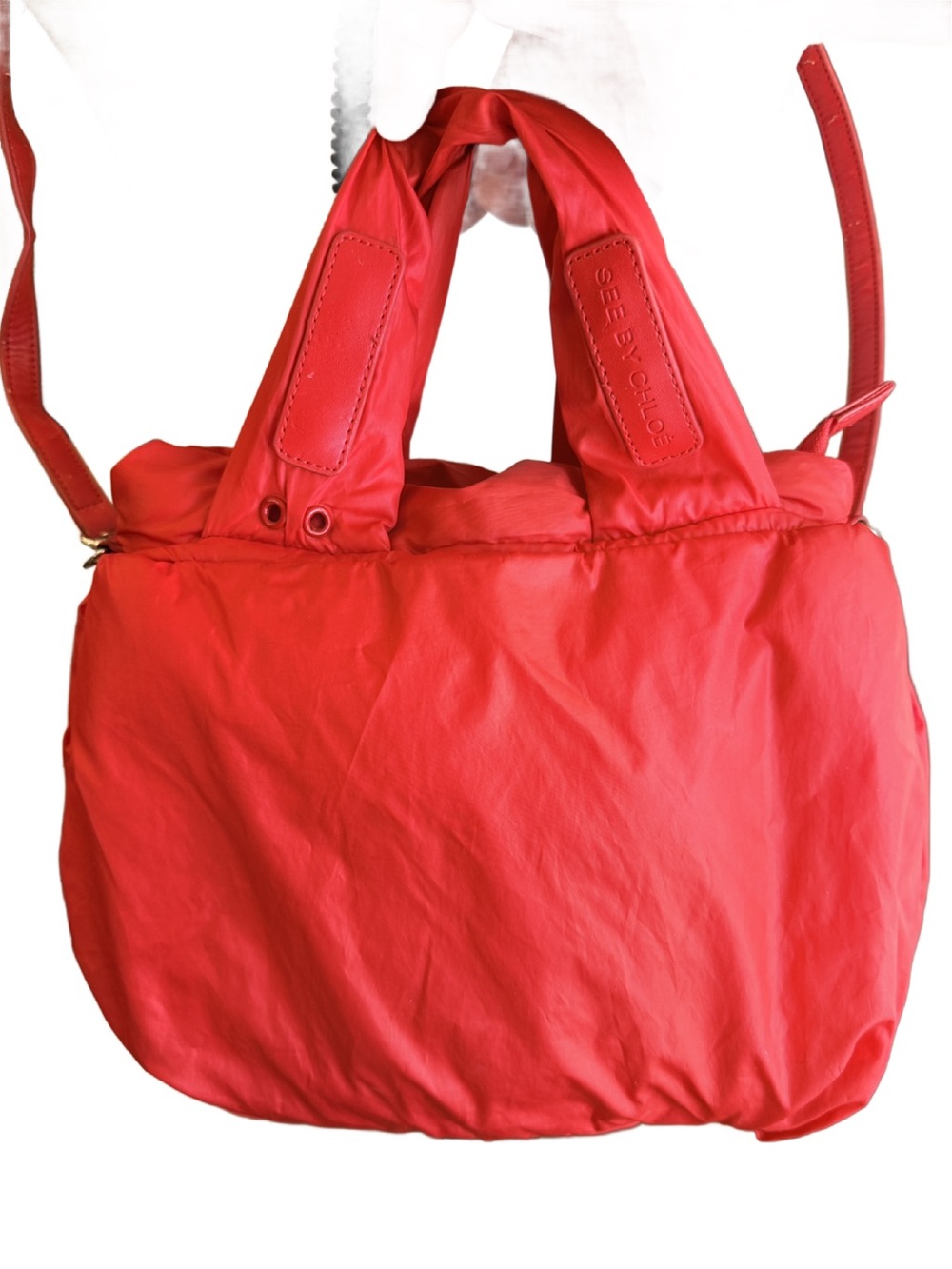 See By Chloé Bright Red Nylon Puffer Tote with Shoulder Strap
